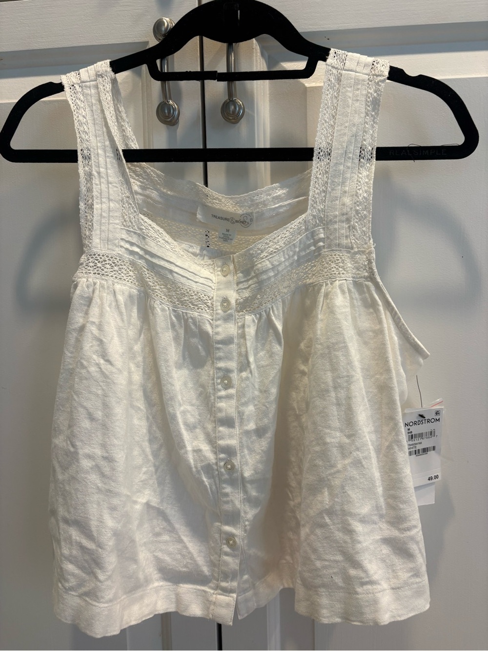 Treasure & Bond White Cotton Lace-Trim Button Tank